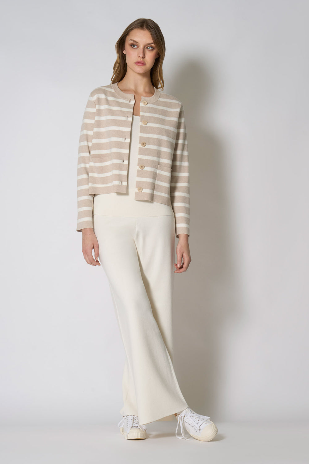 Giacca in Maglia Stoffa in Cotone Seta Cashmere Avena-Bianco Latte