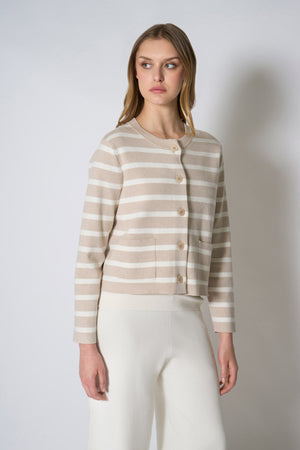 Giacca in Maglia Stoffa in Cotone Seta Cashmere Avena-Bianco Latte