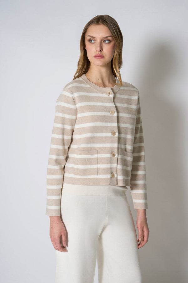 Giacca in Maglia Stoffa in Cotone Seta Cashmere Avena-Bianco Latte
