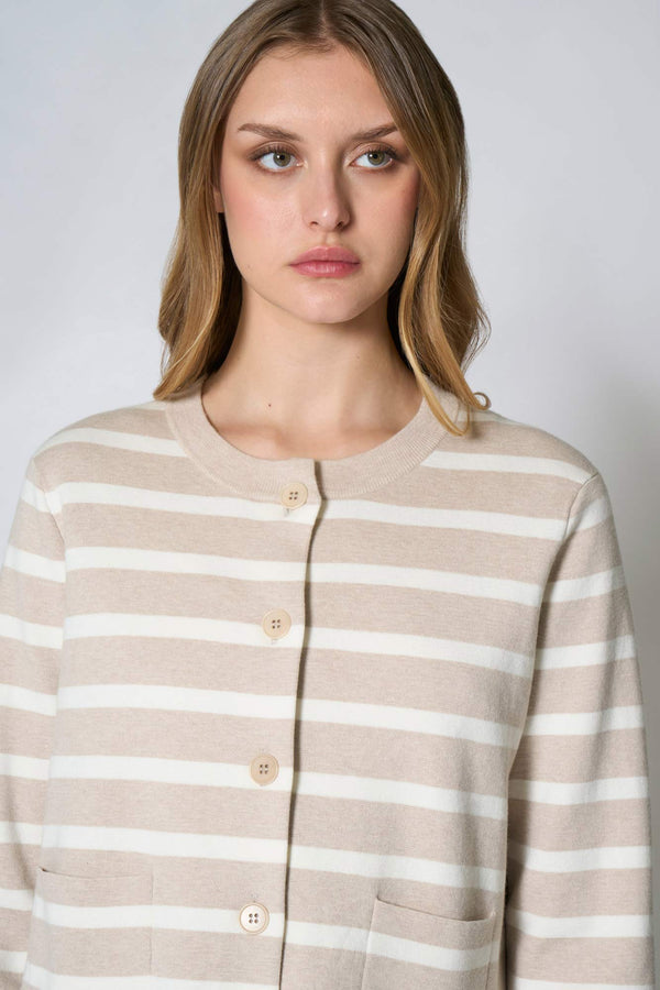 Giacca in Maglia Stoffa in Cotone Seta Cashmere Avena-Bianco Latte