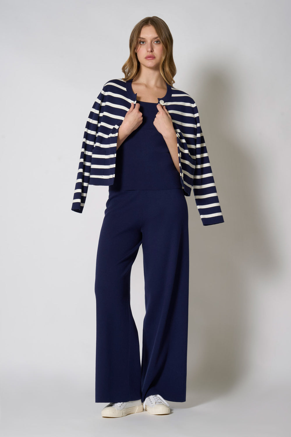 Giacca in Maglia Stoffa in Cotone Seta Cashmere Blu-Bianco Latte