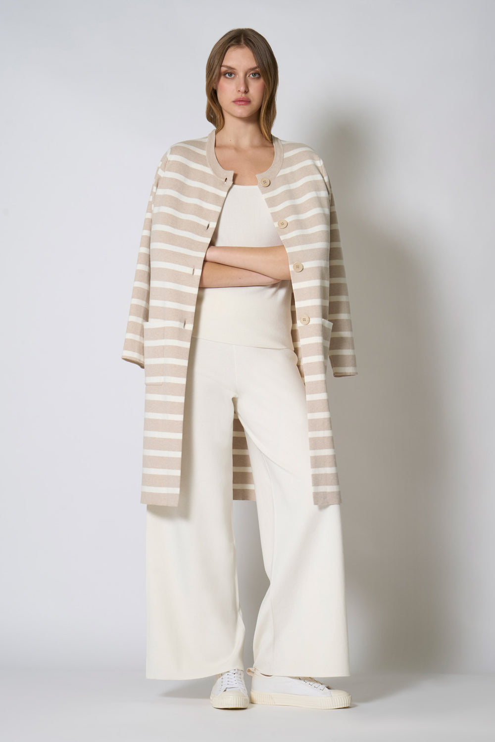Soprabito in Maglia Stoffa in Cotone Seta Cashmere Avena-Bianco Latte