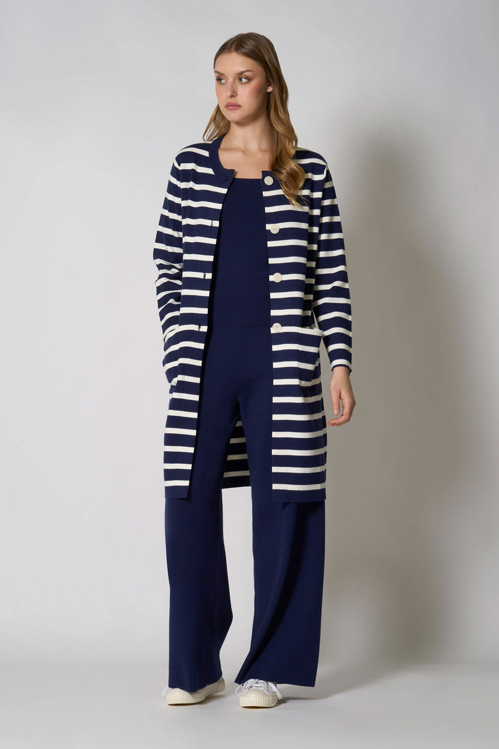Soprabito in Maglia Stoffa in Cotone Seta Cashmere Blu-Bianco Latte