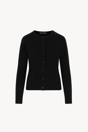 Black Pure Cashmere Crew Neck Cardigan with Grosgrain Trim
