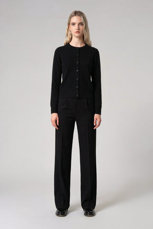 Black Pure Cashmere Crew Neck Cardigan with Grosgrain Trim