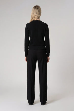 Black Pure Cashmere Crew Neck Cardigan with Grosgrain Trim