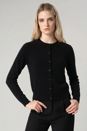 Black Pure Cashmere Crew Neck Cardigan with Grosgrain Trim
