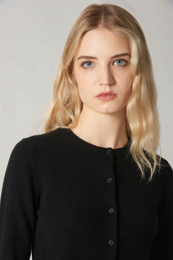 Black Pure Cashmere Crew Neck Cardigan with Grosgrain Trim