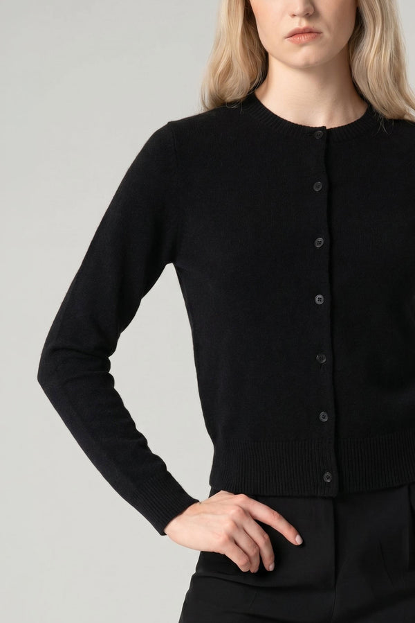 Black Pure Cashmere Crew Neck Cardigan with Grosgrain Trim