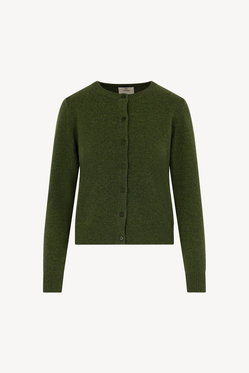 Cardigan Girocollo con gros-grain in Puro Cashmere Loden