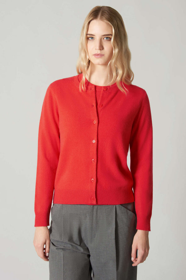 Cardigan Girocollo con gros-grain in Puro Cashmere Acero