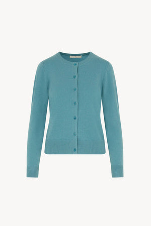 Cardigan Girocollo con gros-grain in Puro Cashmere Turchese