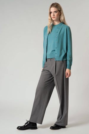 Cardigan Girocollo con gros-grain in Puro Cashmere Turchese