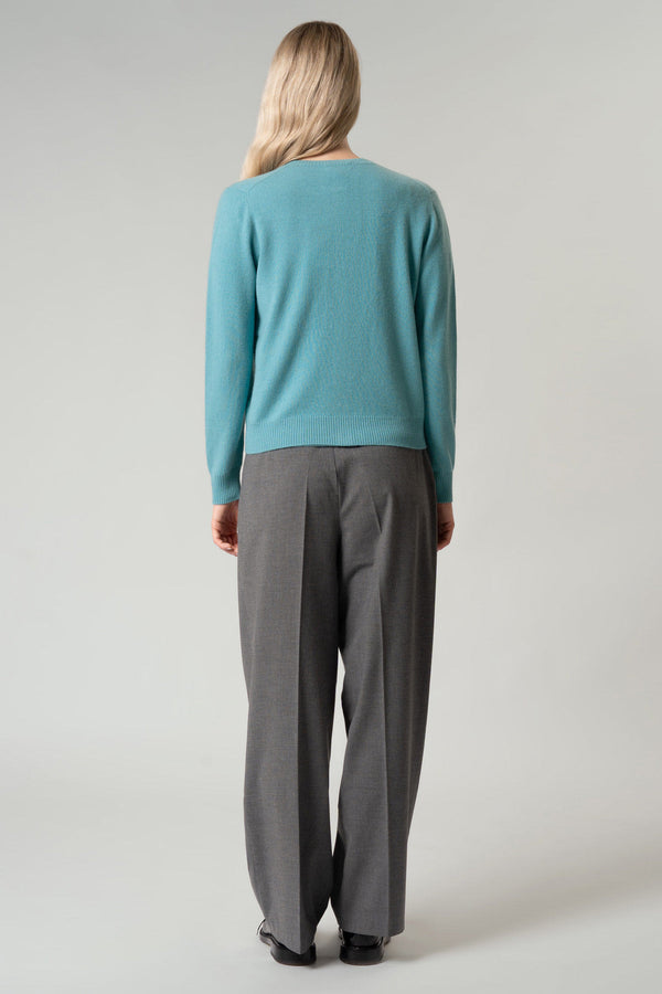 Cardigan Girocollo con gros-grain in Puro Cashmere Turchese