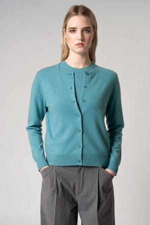 Cardigan Girocollo con gros-grain in Puro Cashmere Turchese