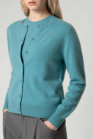 Cardigan Girocollo con gros-grain in Puro Cashmere Turchese