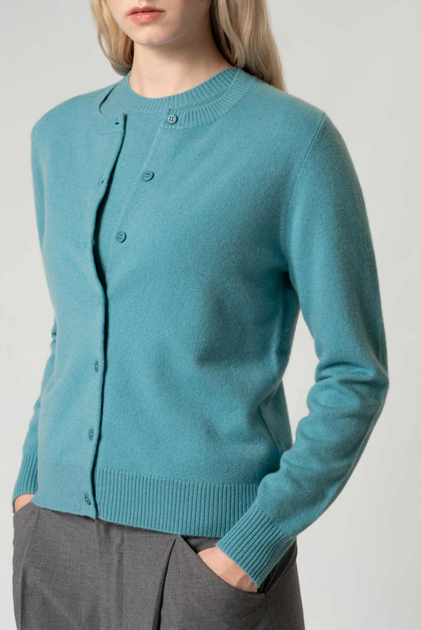 Cardigan Girocollo con gros-grain in Puro Cashmere Turchese