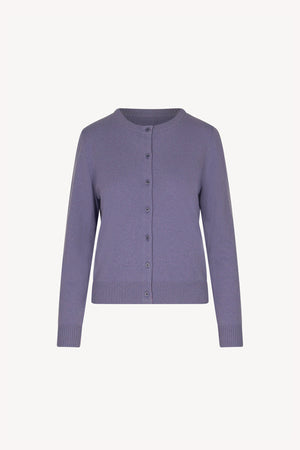 Mauve Pure Cashmere Crew Neck Cardigan with Grosgrain Trim