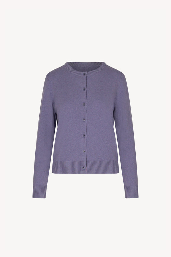 Mauve Pure Cashmere Crew Neck Cardigan with Grosgrain Trim