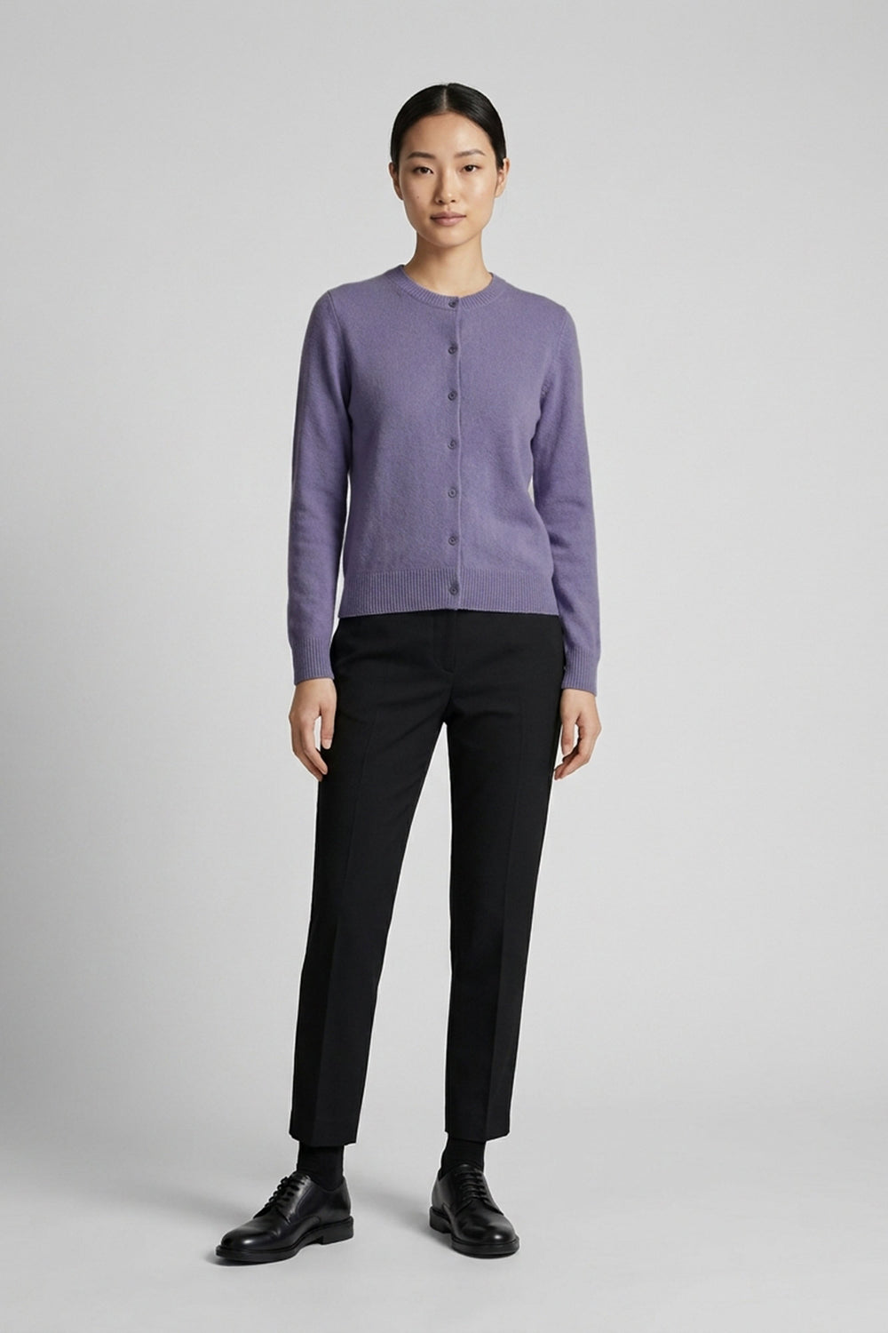 Mauve Pure Cashmere Crew Neck Cardigan with Grosgrain Trim