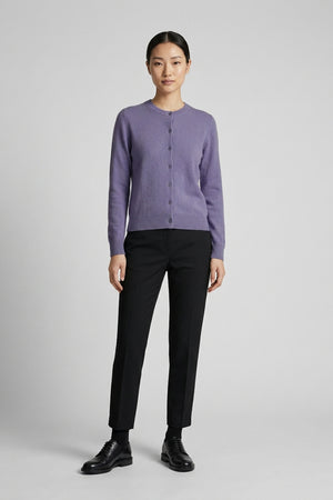 Mauve Pure Cashmere Crew Neck Cardigan with Grosgrain Trim