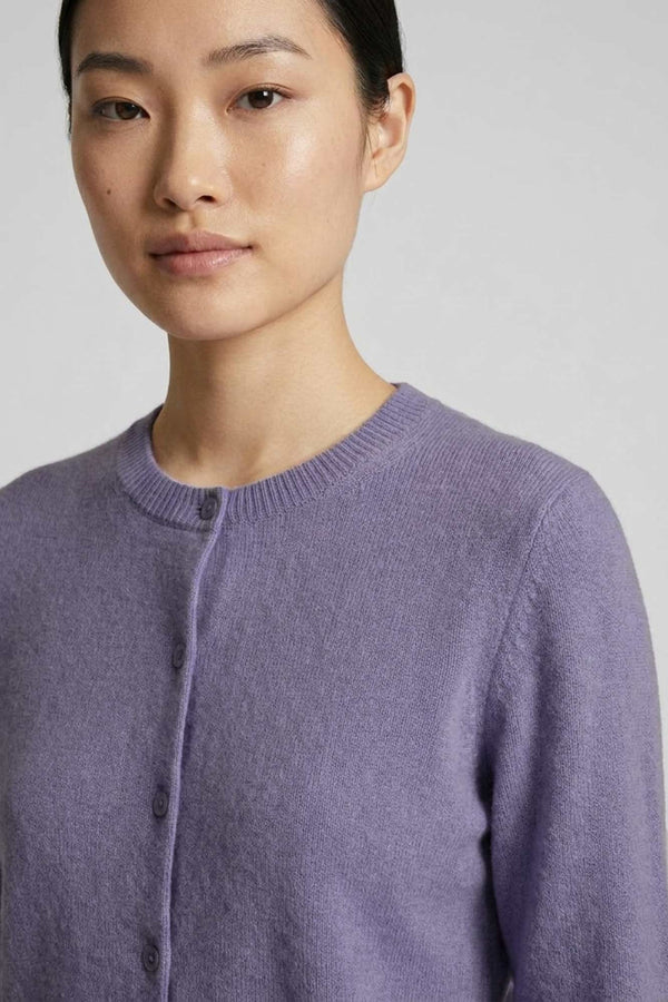 Mauve Pure Cashmere Crew Neck Cardigan with Grosgrain Trim