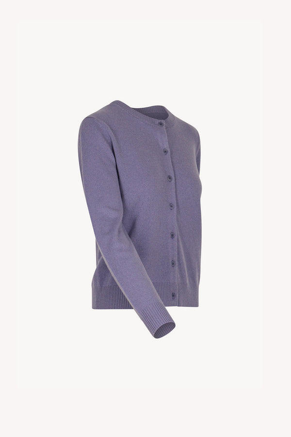 Mauve Pure Cashmere Crew Neck Cardigan with Grosgrain Trim