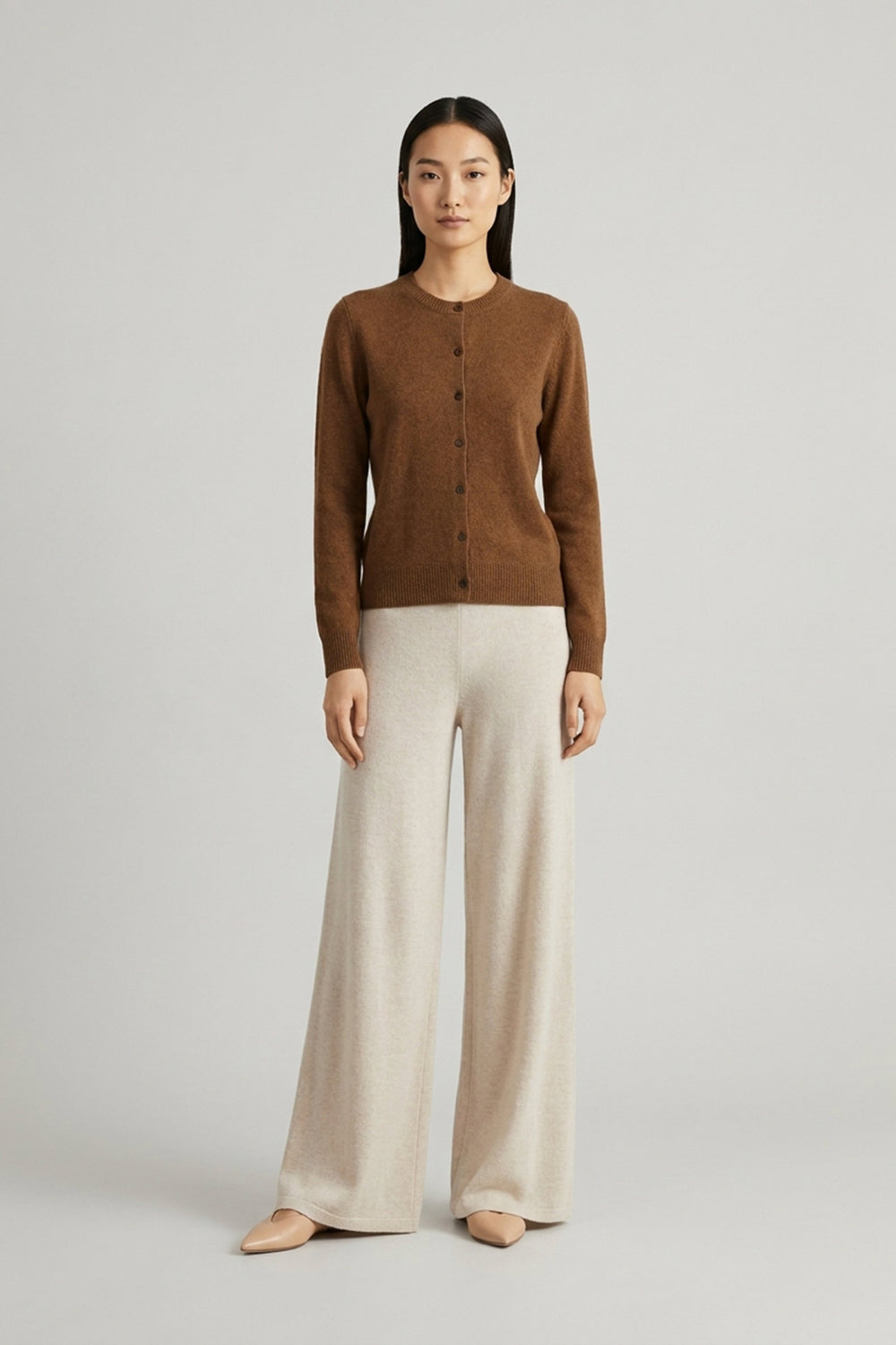 Cardigan Girocollo con gros-grain in Puro Cashmere Terracotta