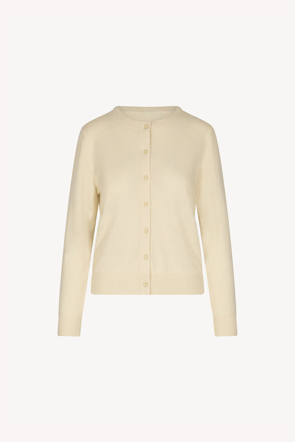 Ivory Pure Cashmere Crew Neck Cardigan with Grosgrain Trim
