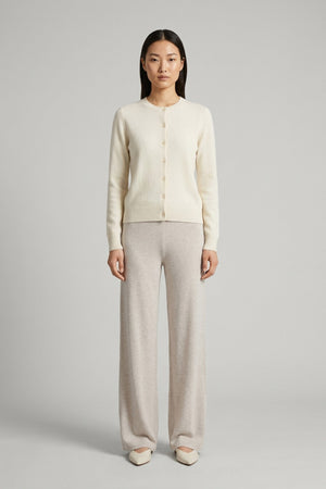 Ivory Pure Cashmere Crew Neck Cardigan with Grosgrain Trim