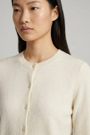 Ivory Pure Cashmere Crew Neck Cardigan with Grosgrain Trim