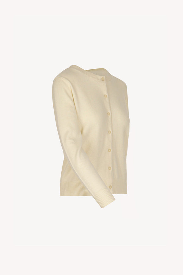 Ivory Pure Cashmere Crew Neck Cardigan with Grosgrain Trim