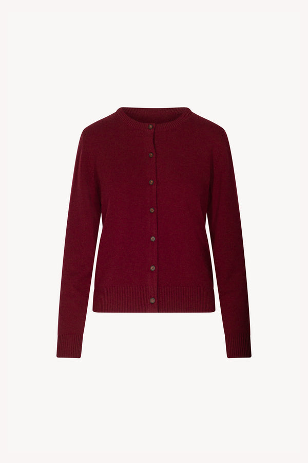 Cardigan Girocollo con gros-grain in Puro Cashmere Melograno