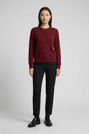 Cardigan Girocollo con gros-grain in Puro Cashmere Melograno