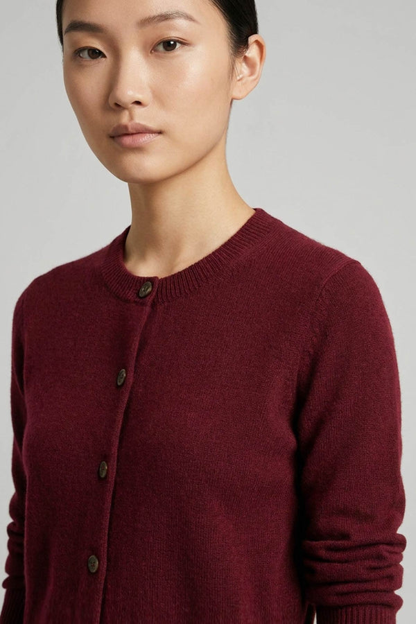 Cardigan Girocollo con gros-grain in Puro Cashmere Melograno