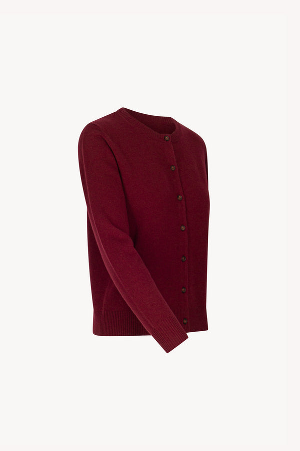 Cardigan Girocollo con gros-grain in Puro Cashmere Melograno