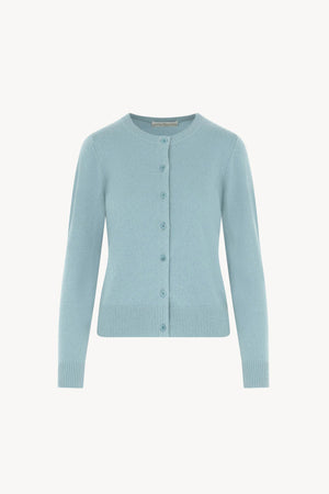 Cardigan Girocollo con gros-grain in Puro Cashmere Acquamarina
