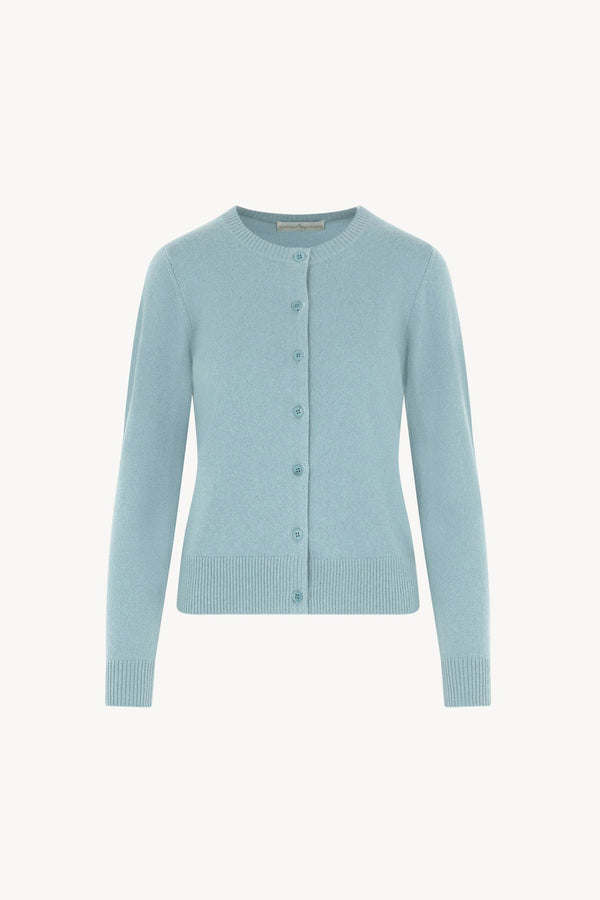 Cardigan Girocollo con gros-grain in Puro Cashmere Acquamarina