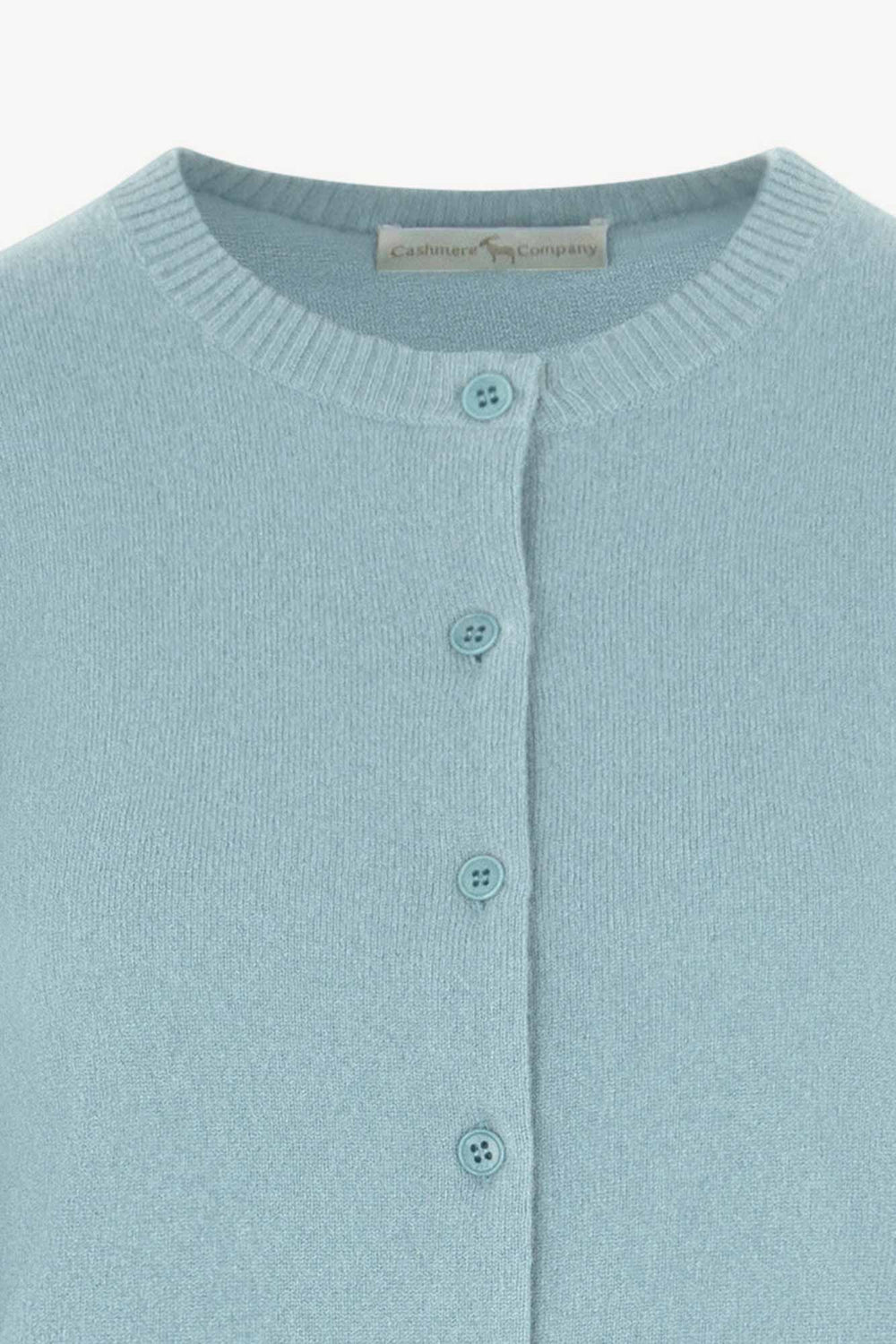 Cardigan Girocollo con gros-grain in Puro Cashmere Acquamarina