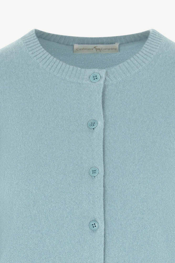 Cardigan Girocollo con gros-grain in Puro Cashmere Acquamarina