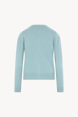 Cardigan Girocollo con gros-grain in Puro Cashmere Acquamarina