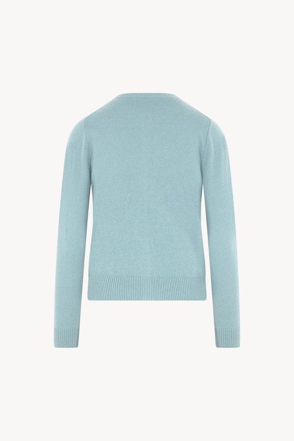 Cardigan Girocollo con gros-grain in Puro Cashmere Acquamarina