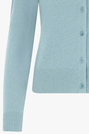 Cardigan Girocollo con gros-grain in Puro Cashmere Acquamarina