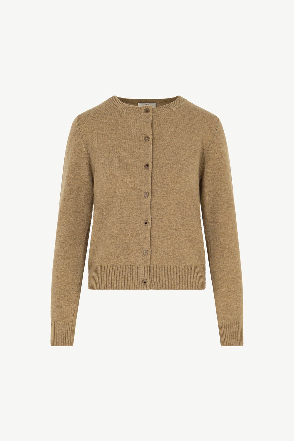 Cardigan Girocollo con gros-grain in Puro Cashmere Dune