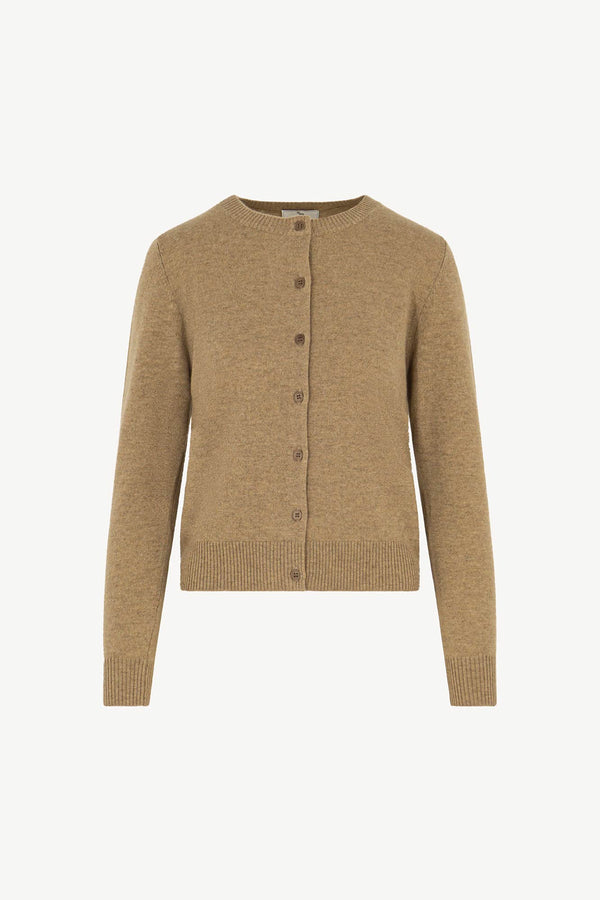 Cardigan Girocollo con gros-grain in Puro Cashmere Dune
