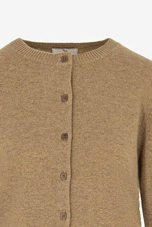 Cardigan Girocollo con gros-grain in Puro Cashmere Dune