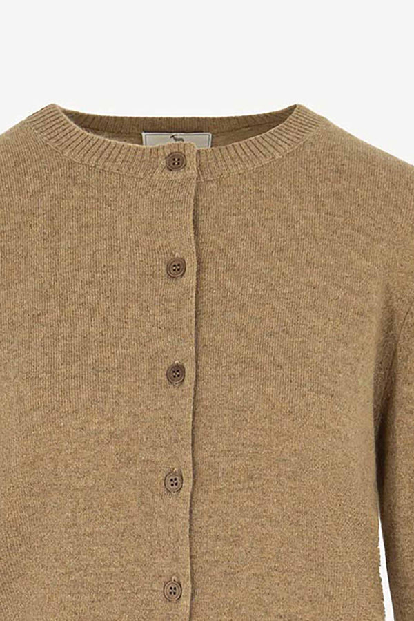 Cardigan Girocollo con gros-grain in Puro Cashmere Dune