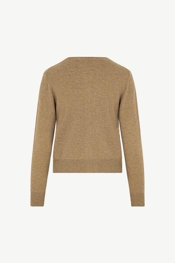 Cardigan Girocollo con gros-grain in Puro Cashmere Dune