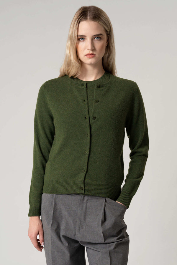 Cardigan Girocollo con gros-grain in Puro Cashmere Dune