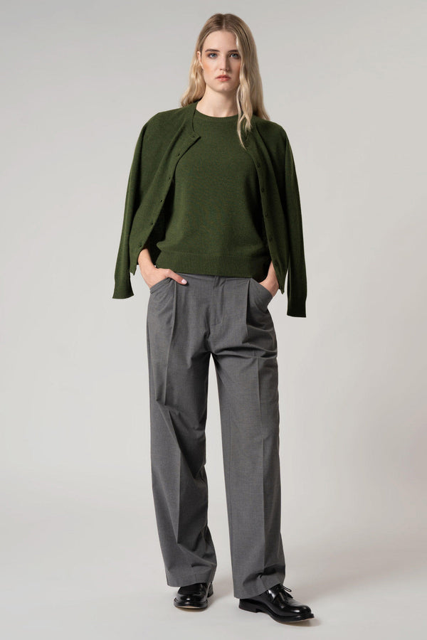 Cardigan Girocollo con gros-grain in Puro Cashmere Dune